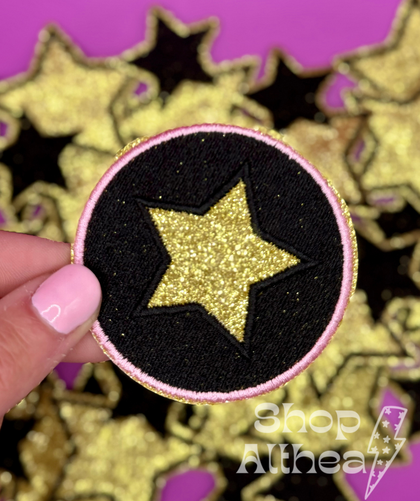 Gold Glitter Star Circle Embroidered Patch