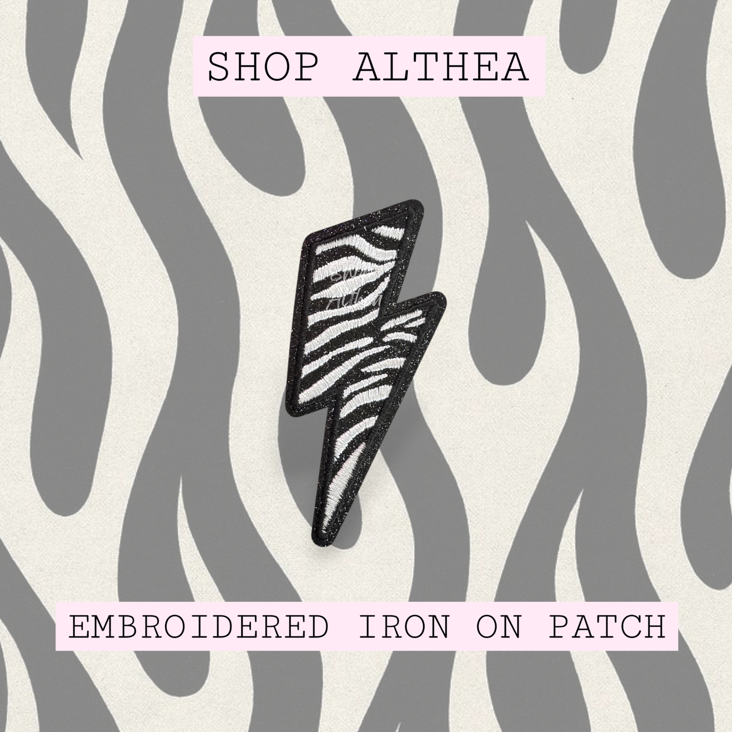 Black Zebra Glitter Bolt Embroidered Patch
