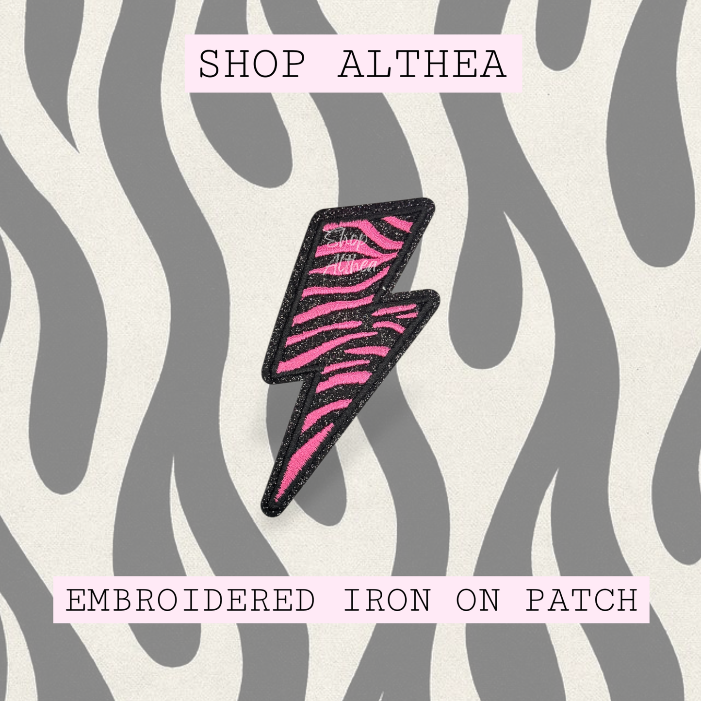Pink Zebra Glitter Bolt Embroidered Patch