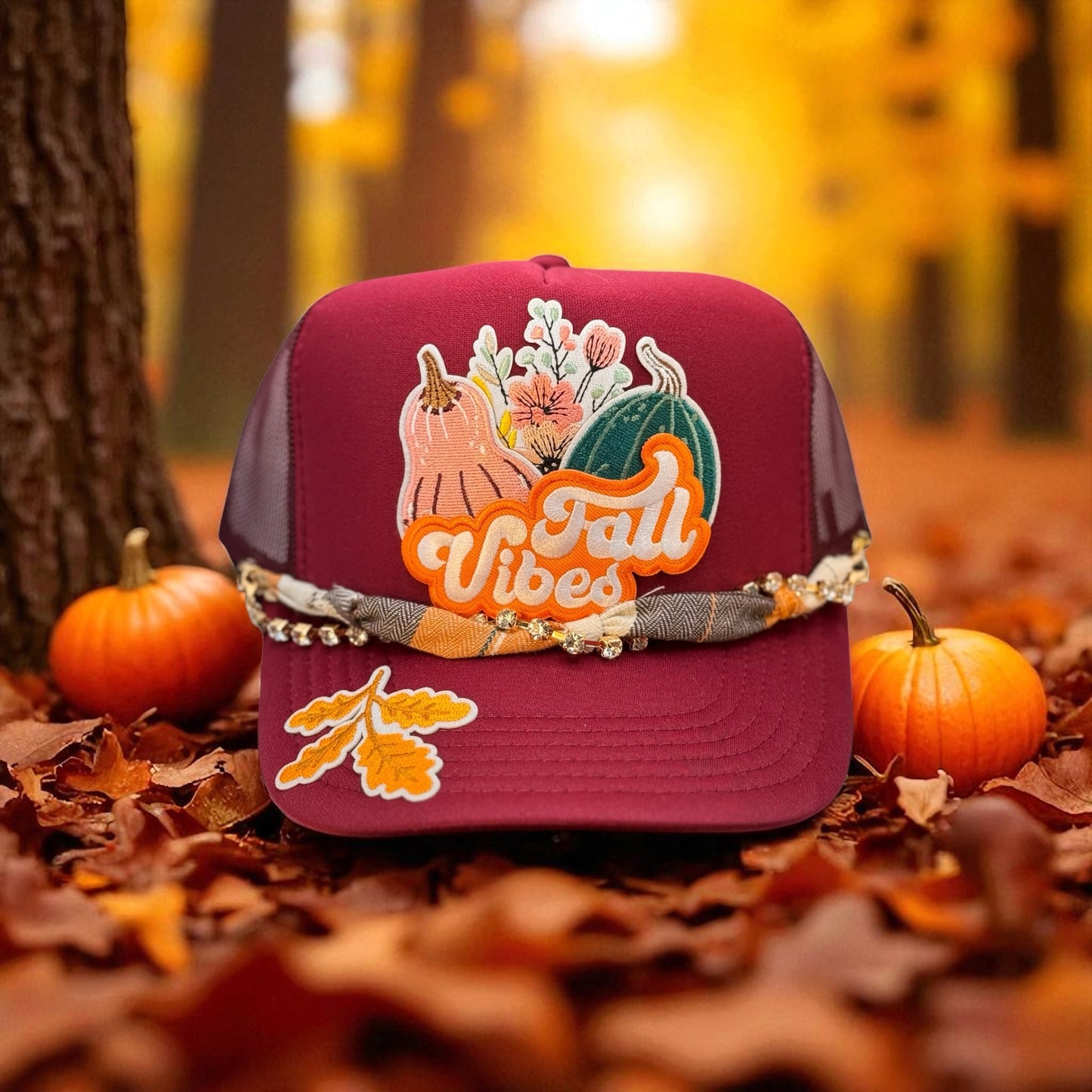 Fall Vibes Burgundy Patched Hat