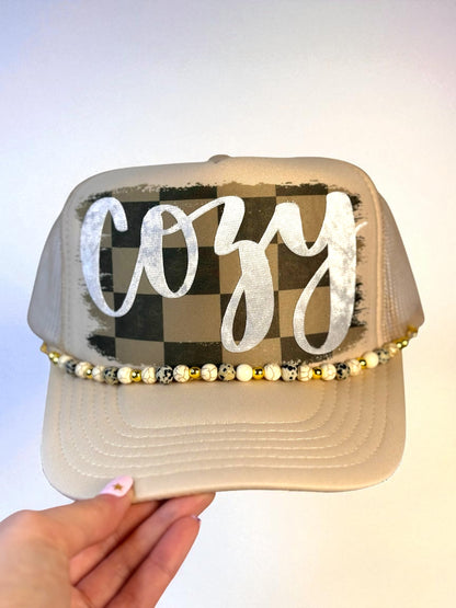 "COZY" Velvet Checkered Trucker Hat